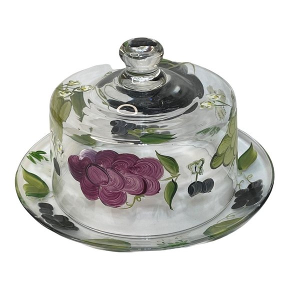 Hand Painted Clear Glass Covered Cheese Butter Dish w/ Grape Pattern - Picture 2 of 10